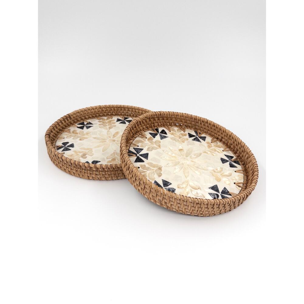 Set of 2 Round Handcrafted Vietnamese Serving Trays in Rattan & Mother of Pearl